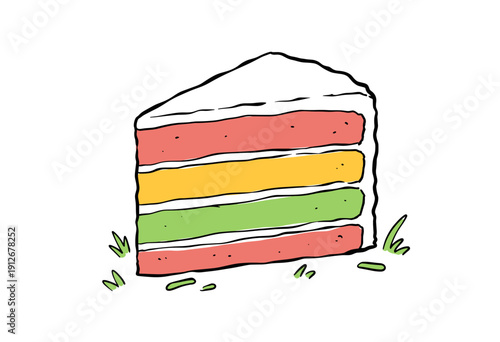 Layered cake slice vector artwork. Hand drawn colorful dessert graphic. Birthday celebration design element. Sweet food doodle sketch illustration. Ba