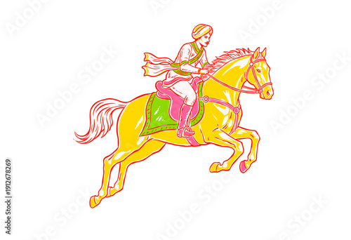 Indian horseman drawing illustration. Sikh warrior riding a horse artwork. Pop art style vector graphic design. Traditional equestrian sport artwork