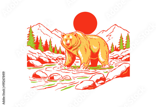 Mountain bear artwork vintage style. Graphic print for apparel stickers posters. Outdoors t shirt vector design. Wild and free graphic. Keep nature wi