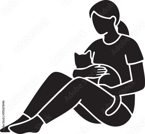 Person sitting and holding a cat in their lap silhouette isolated on white background minimalist pet ownership and animal companion illustration