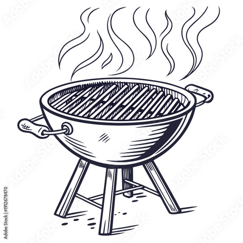 A detailed sketch of a charcoal grill with rising smoke presented as a silhouette high quality
