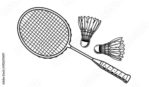 Badminton racket and shuttlecock outline vector sports illustration