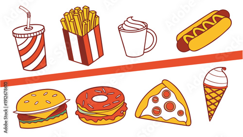 Colorful cartoon illustrations of fast food items arranged on a red and white background silhouette