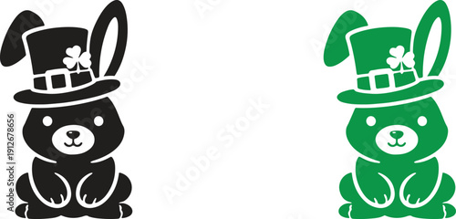 Cute bear wearing leprechaun hat with bunny ears, St Patrick day mascot, lucky animal icon with clover, minimal flat vector illustration