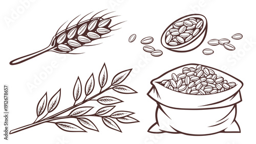 Vintage style illustration of wheat seeds leaves and a sack detailed silhouette high quality professional modern