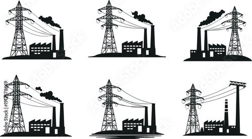 Industrial silhouettes of electrical utility poles, power transmission towers, factory smoke stacks, oil rigs, gantry cranes, and mysterious man illustration,
