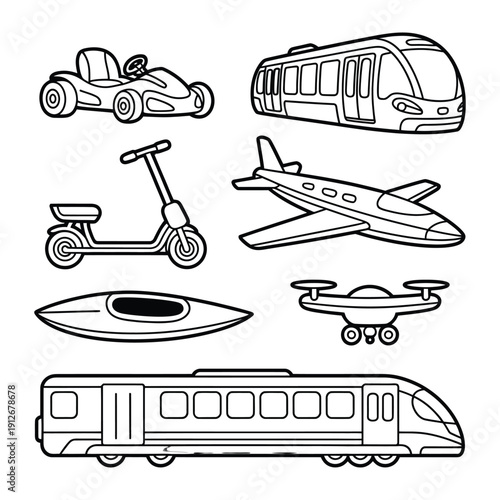 Diverse Transportation Illustration: A collection of various transportation modes are presented in a clean and modern style, showcasing the versatility of movement and the evolution of transport.
