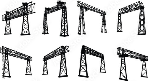 Industrial steel gantry cranes collection, construction lifting structures illustration, heavy machinery silhouettes, black and white engineering infrastructure set, design, concept