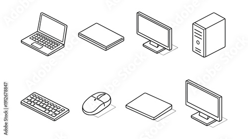 Computer isometric line drawings set
