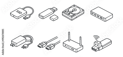 Computer devices and accessories line icons set