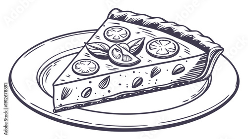 A detailed sketch of a tomato tart slice on a plate presented as a silhouette