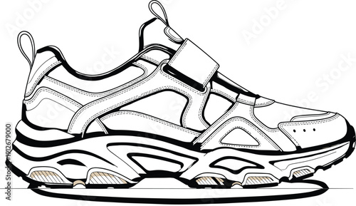 Line art drawing of a modern chunky sneaker with strap closure, athletic footwear design illustration for fashion mockup and streetwear techwear