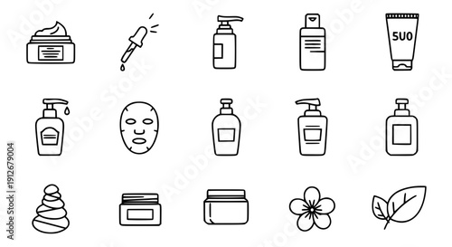 Minimal skin care outline icon set black vector cosmetic