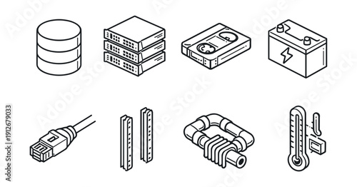 Technology and hardware isometric line icons set