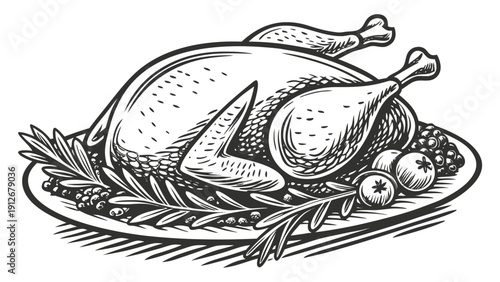 A detailed illustration of a roasted turkey with garnish presented on a platter silhouette high quality