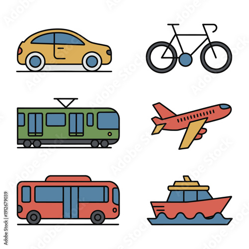 Transportation Icons: An assortment of colorful transportation icons, representing various modes of travel and conveying concepts of mobility and movement.