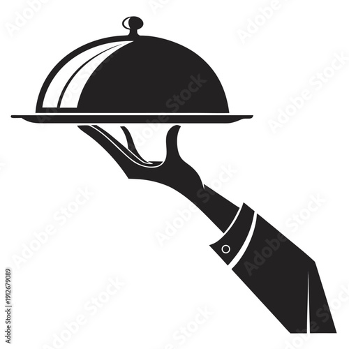 A black silhouette of a hand presenting a covered dish on a silver platter silhouette