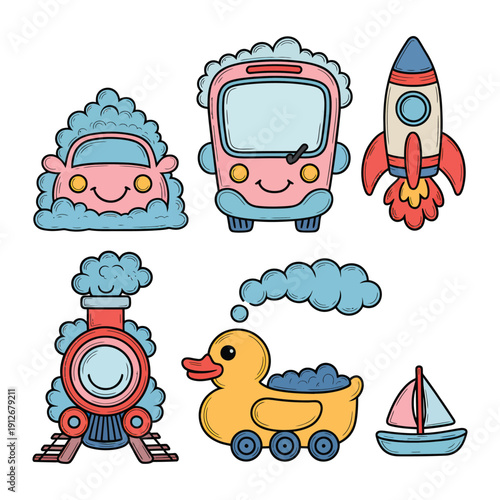 Cute Vehicles: Charming illustrations of vehicles smiling, inviting imagination for kids, evoking a sense of fun and play. 