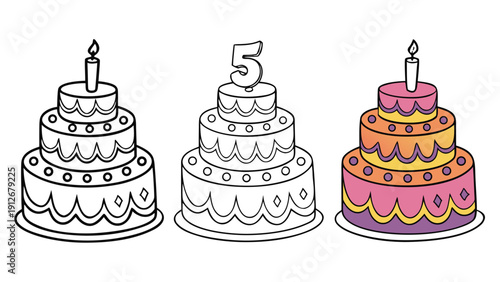 Three tiered birthday cakes with candles and a number five outlined in black silhouette high quality