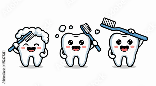 cartoon tooth characters demonstrate dental hygiene practices, toothbrush and dental floss, healthy teeth concept, oral care education, kids dentistry illustration.