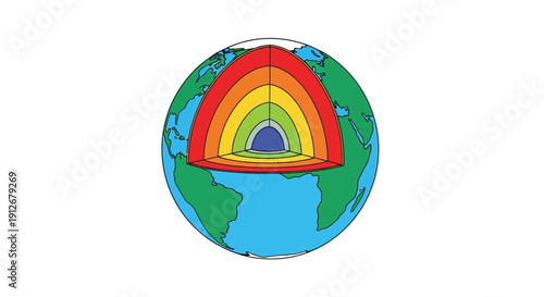Earth Layers Cross Section Diagram: Geological Structure Illustration showing Inner Core, Outer Core, Mantle, and Crust for Science Education.
