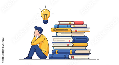 Education Concept: Student Thinking, Researching, and Achieving a Lightbulb Idea Next to Stacked Books. Vector Illustration.
