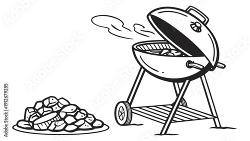 A black and white illustration depicts a barbecue grill with coal presented as a silhouette