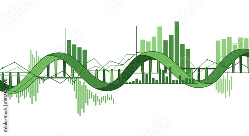DNA Data Analysis: Green Genetic Helix intertwined with Bar Charts and Statistical Graphs. Bioinformatics and Personalized Medicine Concept.