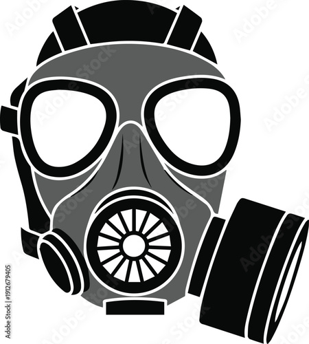 Stylized graphic illustration of a black and grey gas mask, representing protection against airborne hazards and pollution