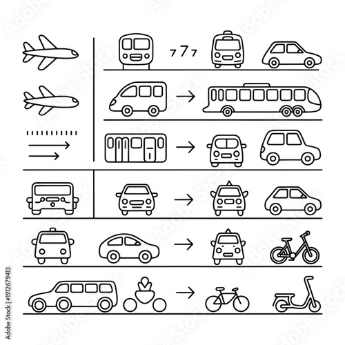 Transportation Icon Set: A collection of various transportation icons, ideal for illustrating travel and movement concepts. The simple.