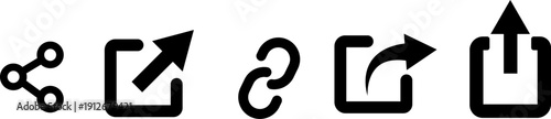 A collection of five black vector icons representing share external link chain  , export  and upload functions