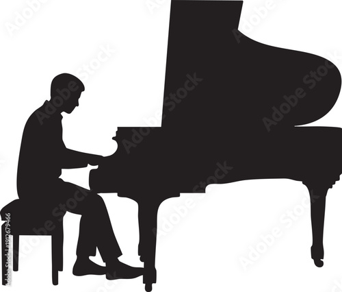 Person sitting and playing a grand piano silhouette isolated on white background minimalist musician and classical music performance illustration