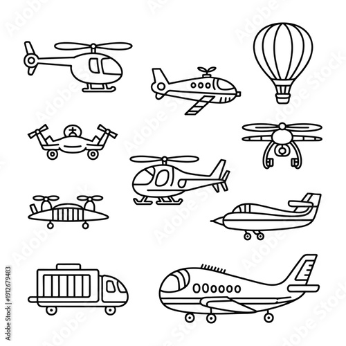 Air Travel Collection: A delightful array of diverse air transport vehicles, meticulously outlined in a captivating monochromatic style, ready for your artistic touch.