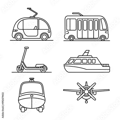 Transportation Vehicles Illustrated: A collection of various transportation vehicles in an illustrative style, showcasing their distinct silhouettes and features.