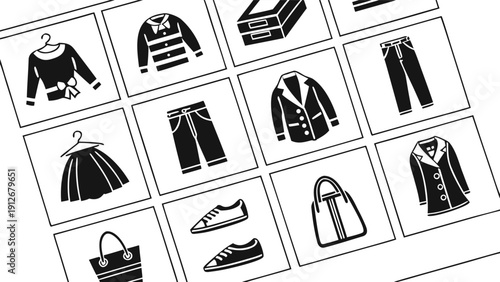 A collection of clothing items depicted as black shapes in a grid silhouette high quality professional