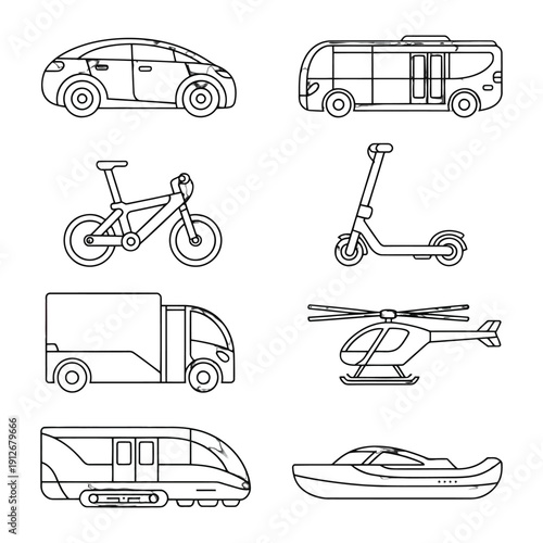 Diverse Transportation Lineup: A curated selection of modern transportation modes, rendered in elegant line art, showcasing the evolution of movement from land to air and sea.