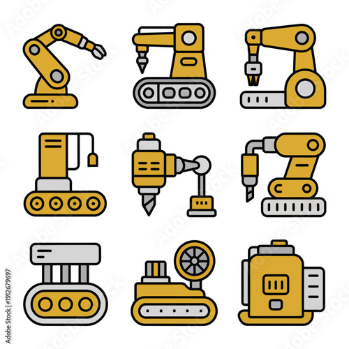 Robotic Automation Icons: A collection of various robotic automation icons. These designs represent the cutting edge of industrial processes and technological advancements.
