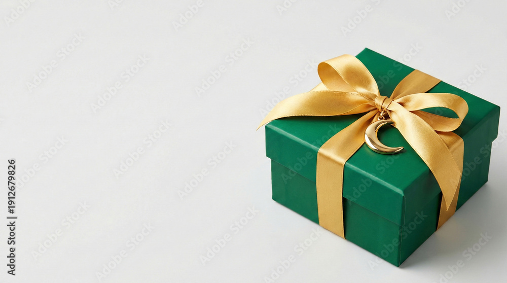 Obraz premium Luxury Green Ramadan Gift Box with Gold Ribbon and Crescent Moon Pendant on White Background