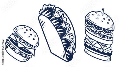 A collection of fast food items a taco and stacked burgers silhouette high quality professional detailed