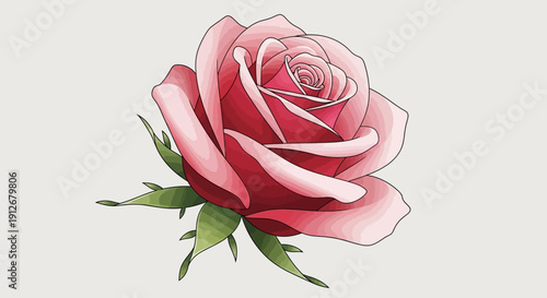 A beautiful pink rose with delicate petals and green leaves, viewed from the front in a simple illustration style