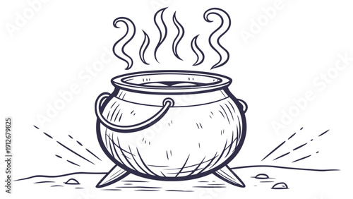 A detailed sketch of a bubbling cauldron with rising steam a dark silhouette high quality professional