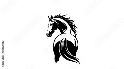 an elegant black and white horse graphic looking back symbolizing strength speed and equestrian grace for branding.