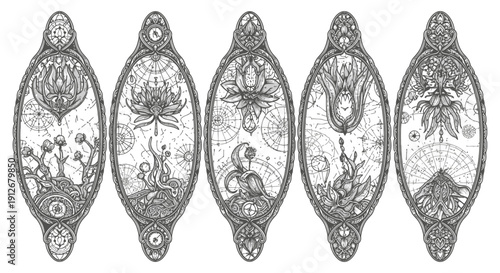 alchemical botanical art merging mystical flora clockwork celestial maps ornate vintage style for esoteric design.