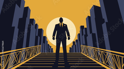art deco businessman silhouette ascending grand stairs in a stylized city at sunset symbolizing corporate ambition leadership and achievement.