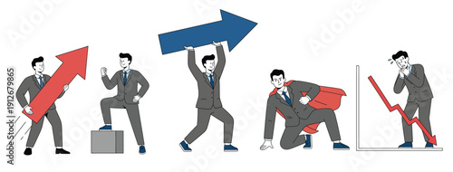 Corporate growth and risk management concept showing ambition, market expansion, leadership strength, financial success, and business downturn challenges