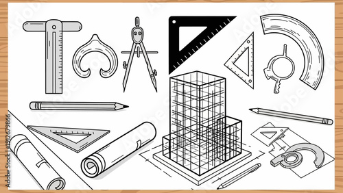 architectural drafting tools building wireframe model on a table illustrating engineering construction and design principles.