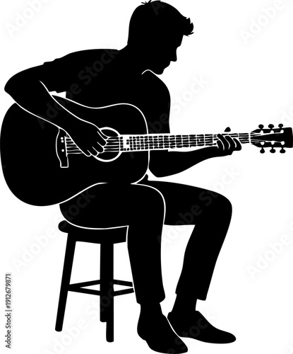 Person sitting and playing an acoustic guitar silhouette isolated on white background minimalist musical performance and musician hobby illustration