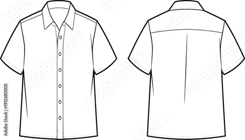 Men Short Sleeve Button Down Shirt Vector Technical Drawing Illustration, Front and Back View Casual Apparel Fashion Design Template,