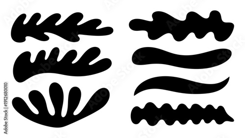 abstract organic shapes versatile fluid black silhouettes on white minimalist design elements for modern graphic projects and art.