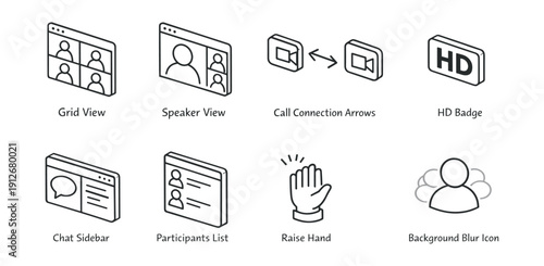 Video conferencing features line icons set